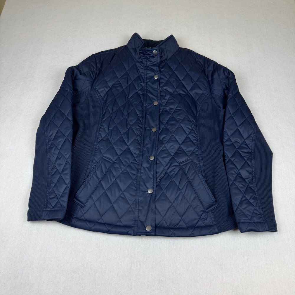 Merona Womens XXL Navy Blue Quilted Snap Front Jacket Ribbed Knit Panels Pockets